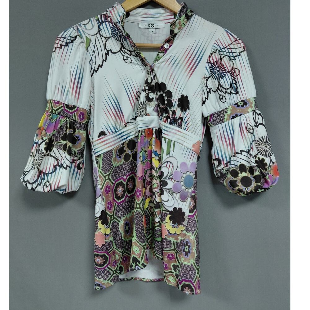 IC Paris Floral Print Blouse Multicolor Knit 3/4 Sleeve Women Size S - Picture 1 of 7